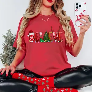 Women's Fashion Christmas Pattern Short-Sleeve T-Shirt - 'BELIEVE' Christmas Popular Element Print, Red Cotton Crew Neck T-Shirt, Machine Washable, Breathable and Slightly Stretchy