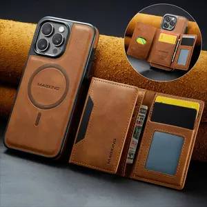 Magnetic Leather Wallet Case for iPhone 17/16e/16/15/14/13 Pro Max Plus – 8 Card Slots, RFID Blocking, Removable Wireless Charging, Built-in Stand & Secure Closure