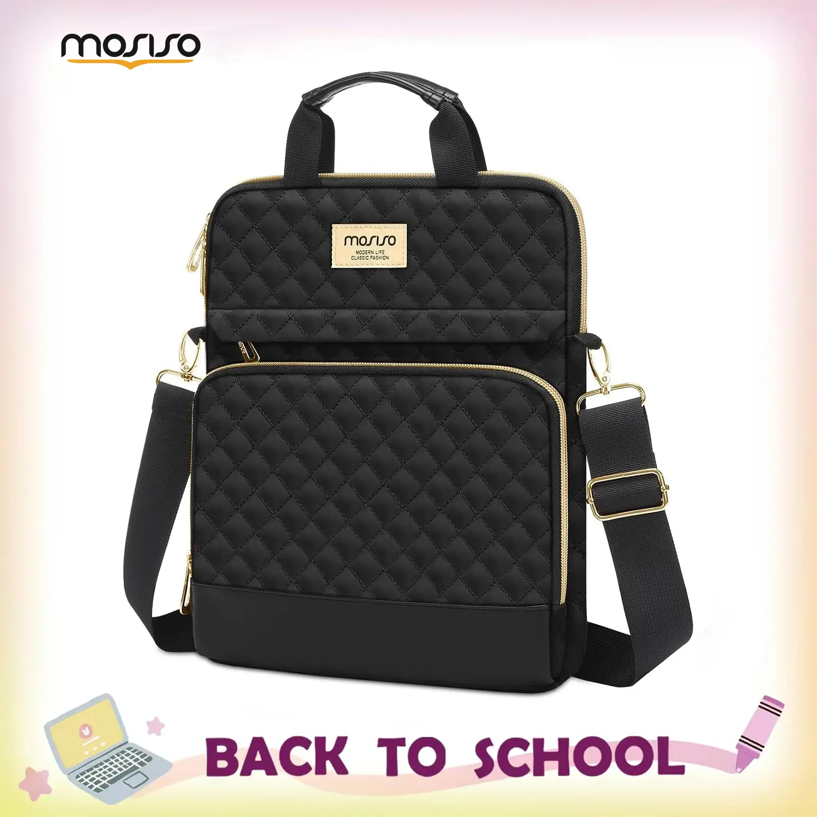 MOSISO 11–12.9 inch Quilted Tablet Sleeve, Unisex for men women, Handheld/Shoulder/Crossbody, Compatible with iPad Pro 13 (M4), iPad Air 13 (M3/M2), iPad Pro 12.9 (1st–6th) with Magic Keyboard, 2 Front Pockets, Shock-Absorbing Lining, Work/School/Travel