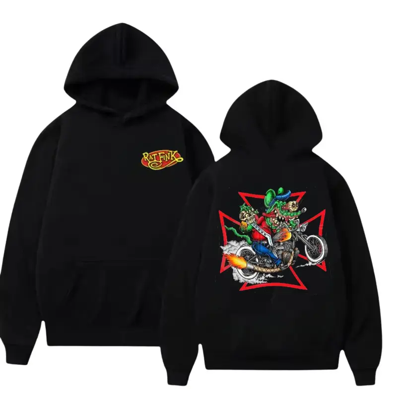 Rat Fink Motorcycle T-Shirt/Sweatshirt/Hoodie – Retro Hot Rod Cartoon Graphic Hoodie, Vintage Chopper Rider Sweatshirt, Biker Streetwear Pullover For Car & Bike Enthusiasts Top Menswear Car Enthusiast Gift For Men, Father's Day