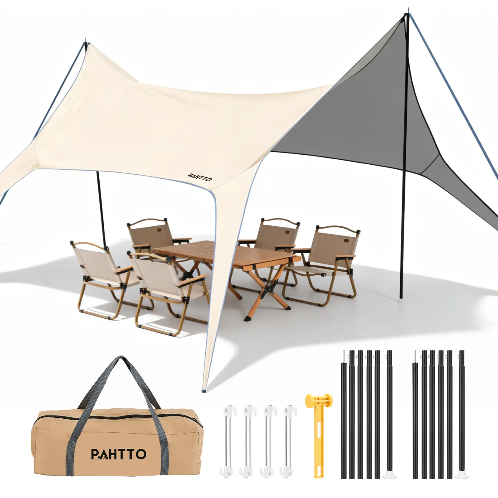 Camping Tarp with Poles,14.8 * 9.8 FT Camping Canopy,Waterproof Tent Tarp | Upgraded No Guyline Design Canopy Tent, Tarp for Camping, Picnic,Beach,Outdoor Activities,Lightweight and UV Resistant(Khaki)