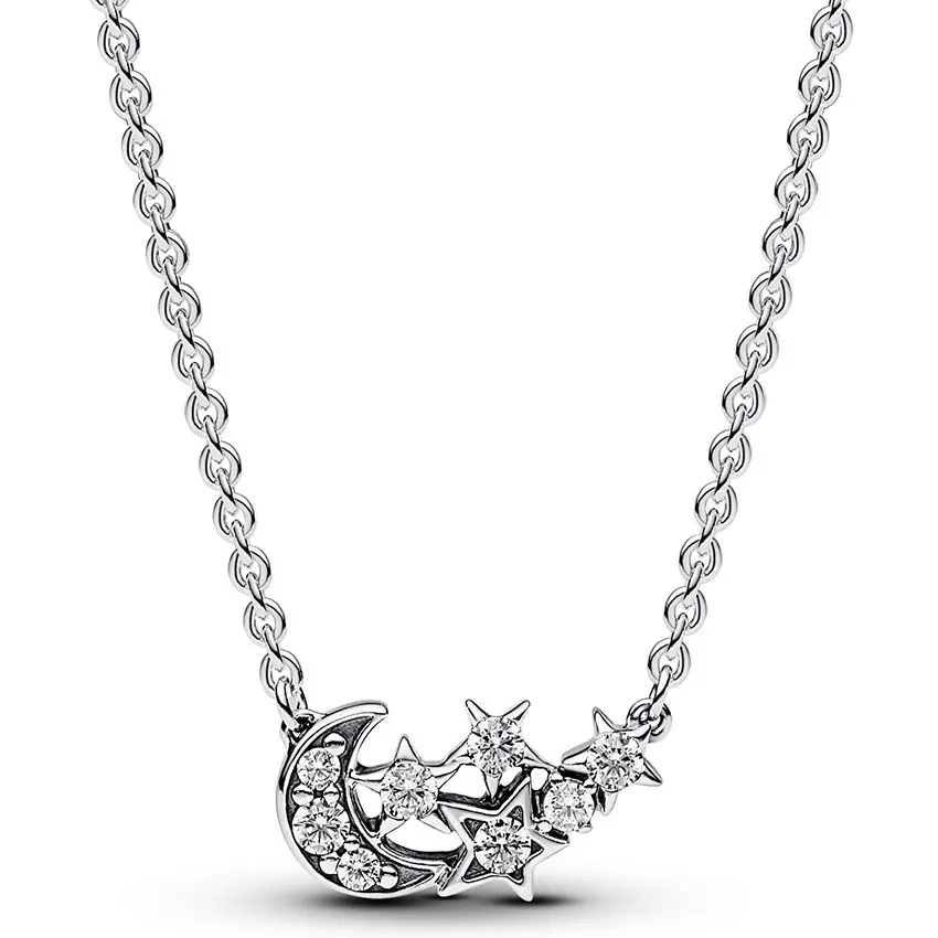 PANDORA Sparkling Moon & Star Collier Necklace in Sterling Silver, Adjustable Celestial Jewelry with Cubic Zirconia and Dangle Charm 392991C01-45, Celestial Motifs, Daily, Five-Pointed Star