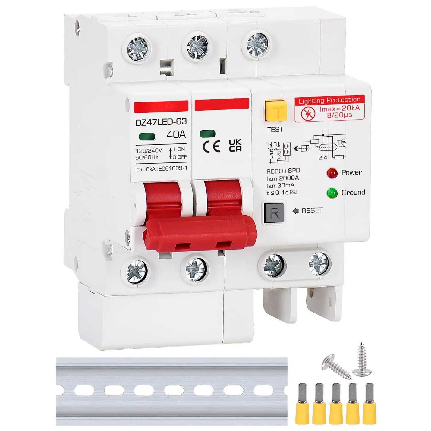 Ground Fault Circuit Breaker with  Surge Arrester Protection, 40 Amp 2 Poles AC 120V-240V, DIN Rail Mount Residual Current Circuit Breaker 40A