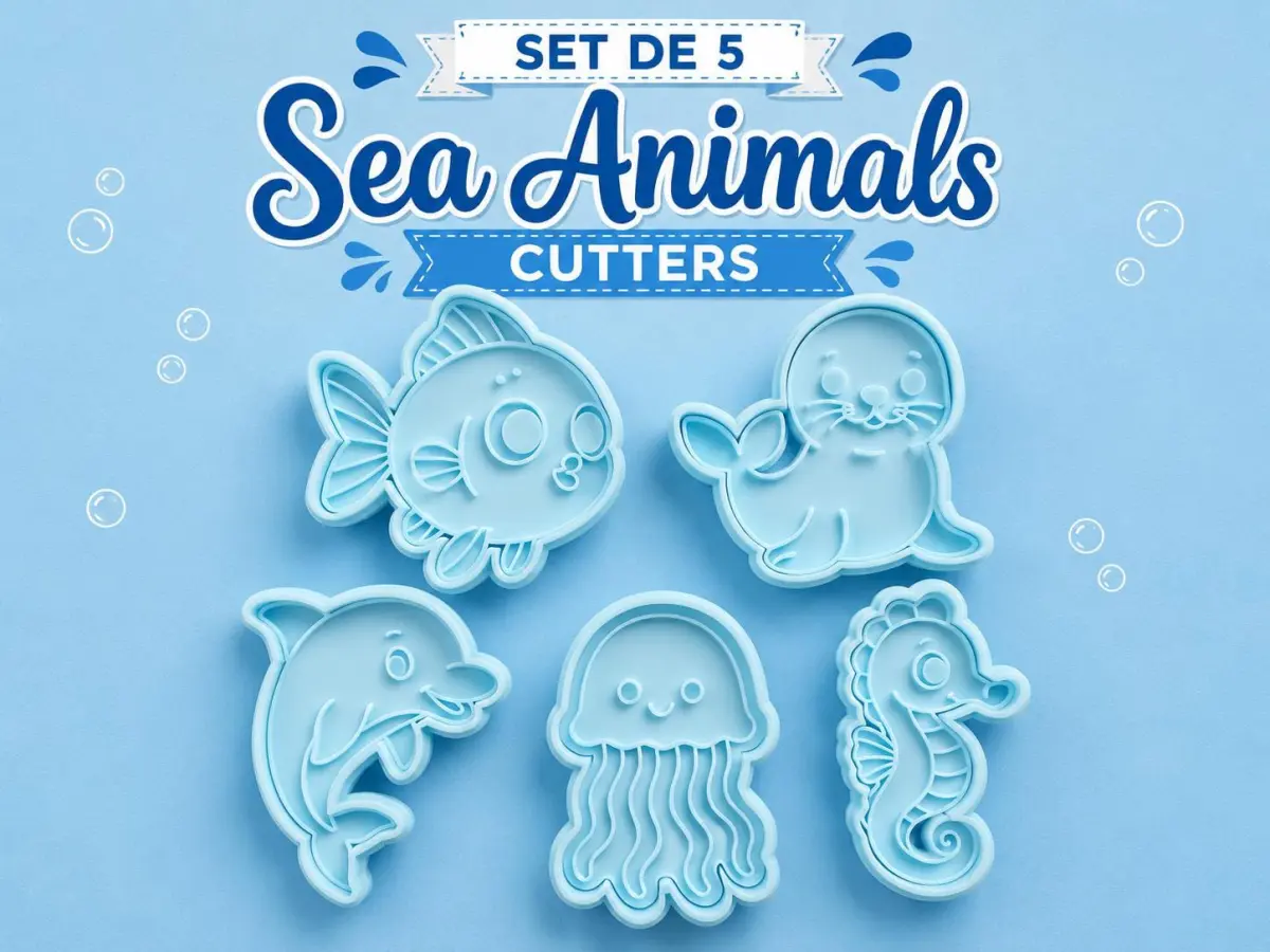 Sea Animals Cookie Cutters Set 5pcs 3D Printed - Fish Dolphin Seahorse Jellyfish Seal - Ocean Fondant Cutters