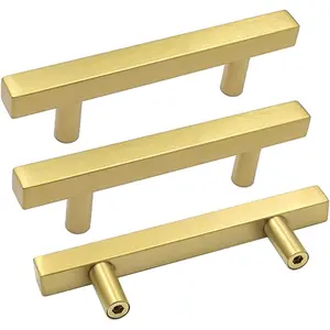 10 Pack Gold 3"(76mm) Brushed Brass T Bar Cabinet Pulls Drawer Pulls Hardware for Kitchen Cupboard & Drawer