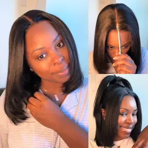 UNice Glueless Yaki Straight Short Bob Wig with Drawstring Pre-cut 7x5 HD Lace Human Hair Wigs with Bleached Knots Beginner Friendly Natural Hairline summer wig