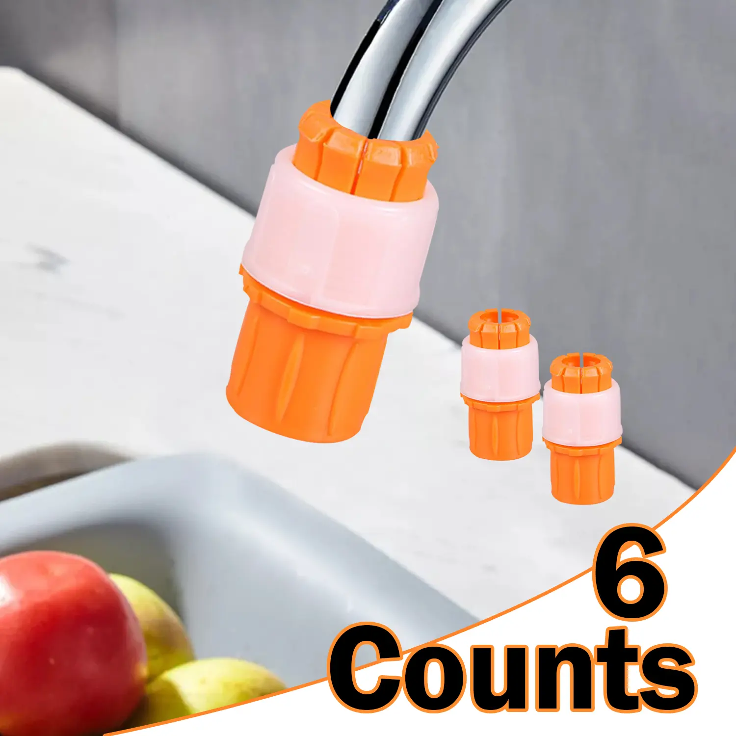 6 Counts Orange Universal Water Connector Tap,  Universal Kitchen Faucet Adapter, Garden Hose Connector for Outdoor Irrigation and Indoor Watering