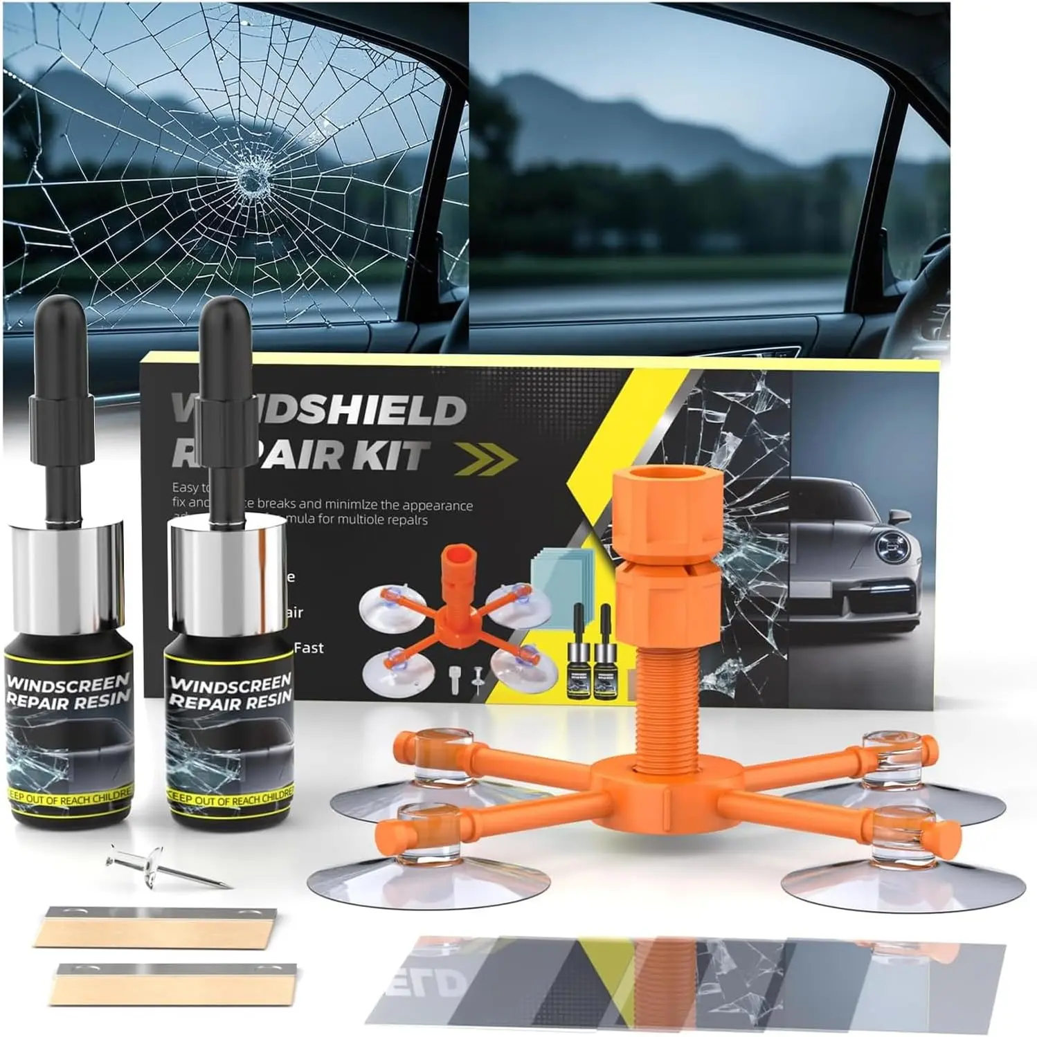 Windshield Chip Repair Kit, Resin Windshield Repair Kit with Injection Head Suction Cup, 2026 Universal Car Glass Repair Liquid Kit for Fixing Bullseye Cracks & Bullseye - 2 PCS