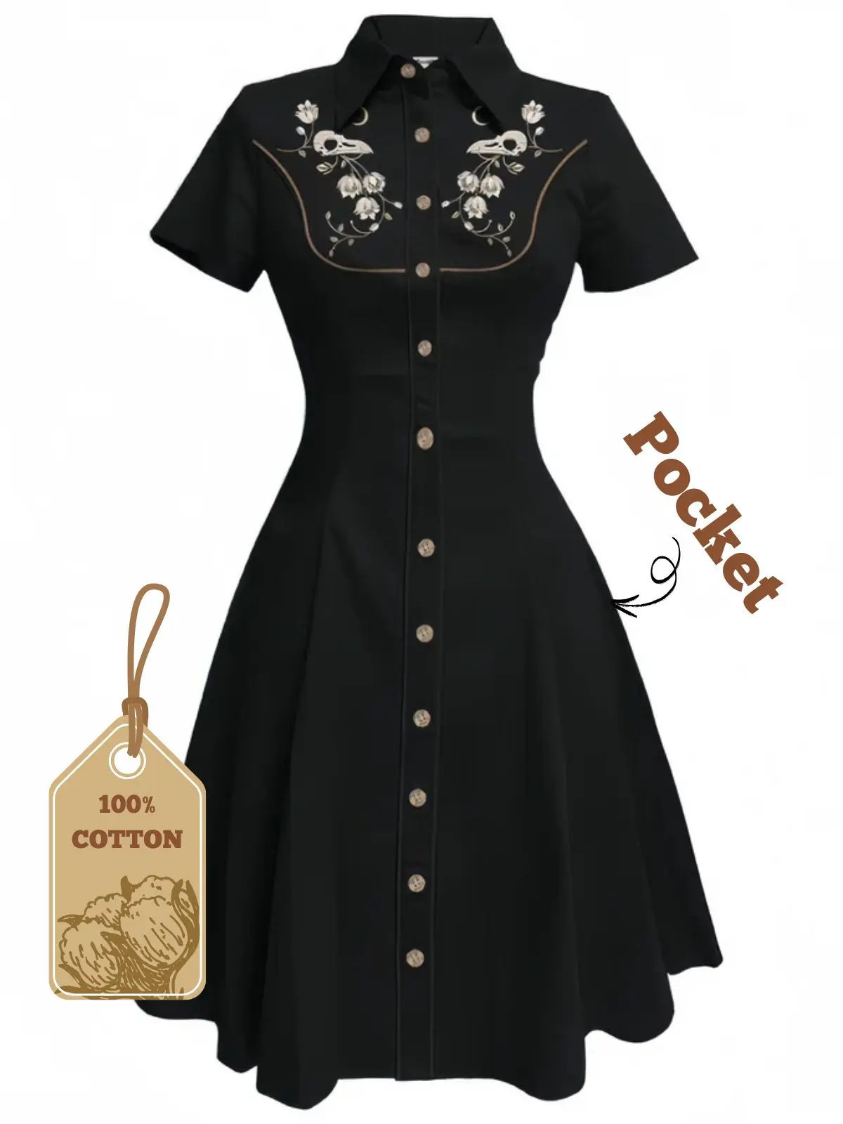 Black 1950s Cotton Floral Embroidered Western Style Dress,summeroutfits,vacationoutfits,beachoutfits