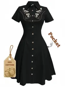 Black 1950s Cotton Floral Embroidered Western Style Dress,summeroutfits,vacationoutfits,beachoutfits