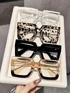 Fashion Trendy High-End Vintage Color Block Square Large Frame Glasses, Perfect for Photography and Slimming Look, 1 Pair