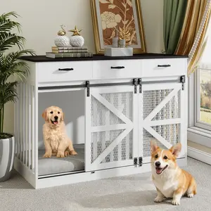 48 Inch Large Dog Crate Furniture with 3 Storage Drawers Wooden Pet Kennel Removable Divider Farmhouse Style Sliding Barn Door TV Stand