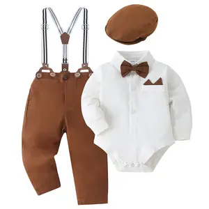 Baby Boy Cute Clothes Set Infant  Long Sleeve Gentleman Suit Outfits 4pcs Shirt+ Beret + Suspender Pants + Bowtie 0-18M Casual Clothing