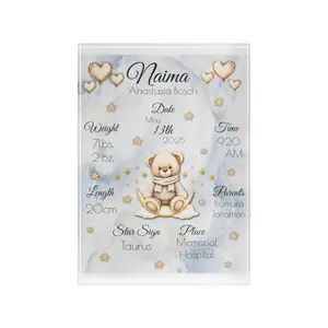 Personalized Marble Blue Teddy Bear Birth Stats Acrylic Block – Custom Nursery Decor | Free Shipping