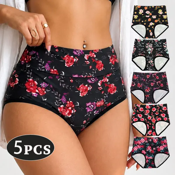 5 Pack Women High Waist Printed Panties, Soft Breathable Full Coverage Hip Briefs Comfort Healthy Daily Underwear