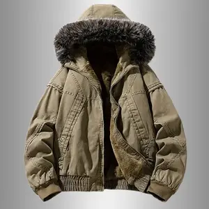 Heavyweight Workwear Fleece Hooded Jacket with Thick Faux Fur Collar, Vintage Washed Finish