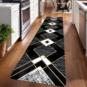 1PC， Black and Silver Diamond Geometry Patterned strip rugs, home décor, bathroom mats, entryway mats, bathroom non-slip mats, indoor entrance rugs, bedroom bedside mats, kitchen mats, hallway rugs, flannel sponge rugs, hallway runner rugs