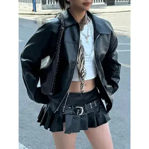 Black Edgy Biker Casual Loose Long Sleeve Leather Jacket For Women, Autumn/Winter Fall Cloth For Women