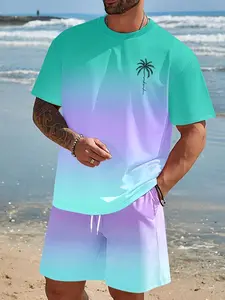 Men's Summer Casual Set, 2-Piece Vacation with Gradient Coconut Tree Print T-Shirt and Shorts, Comfortable Beach Wear with Elastic Waist Design
