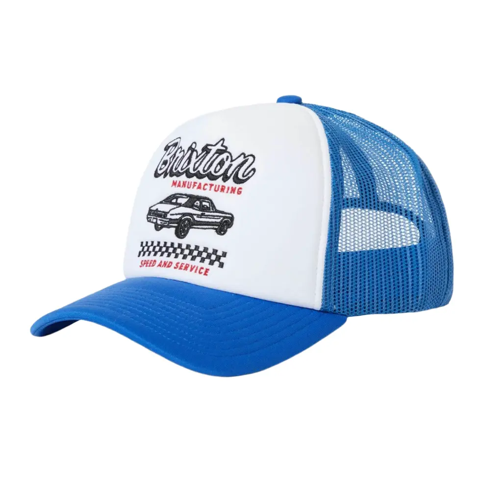 Brixton Unisex Electric Blue Speed and Service NP HP Polyester Trucker Hat - Sporty Casual Hats, Casual Classic Curved Bill Cap with Recycled Visor, Structured Panels, Fashion Clothing Accessory, Trucker Hat Hats