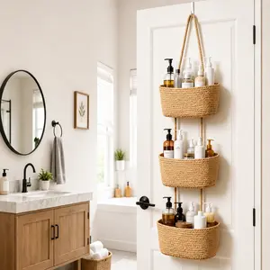 【Envío gratis】Cesta tejida de algodón de 3 niveles para colgar sobre la puerta, organizador de pared de yute para baño, cestas decorativas para guardería, ideal para padres ocupados para guardar pañales y juguetes, organizador de lavandería y del hogar