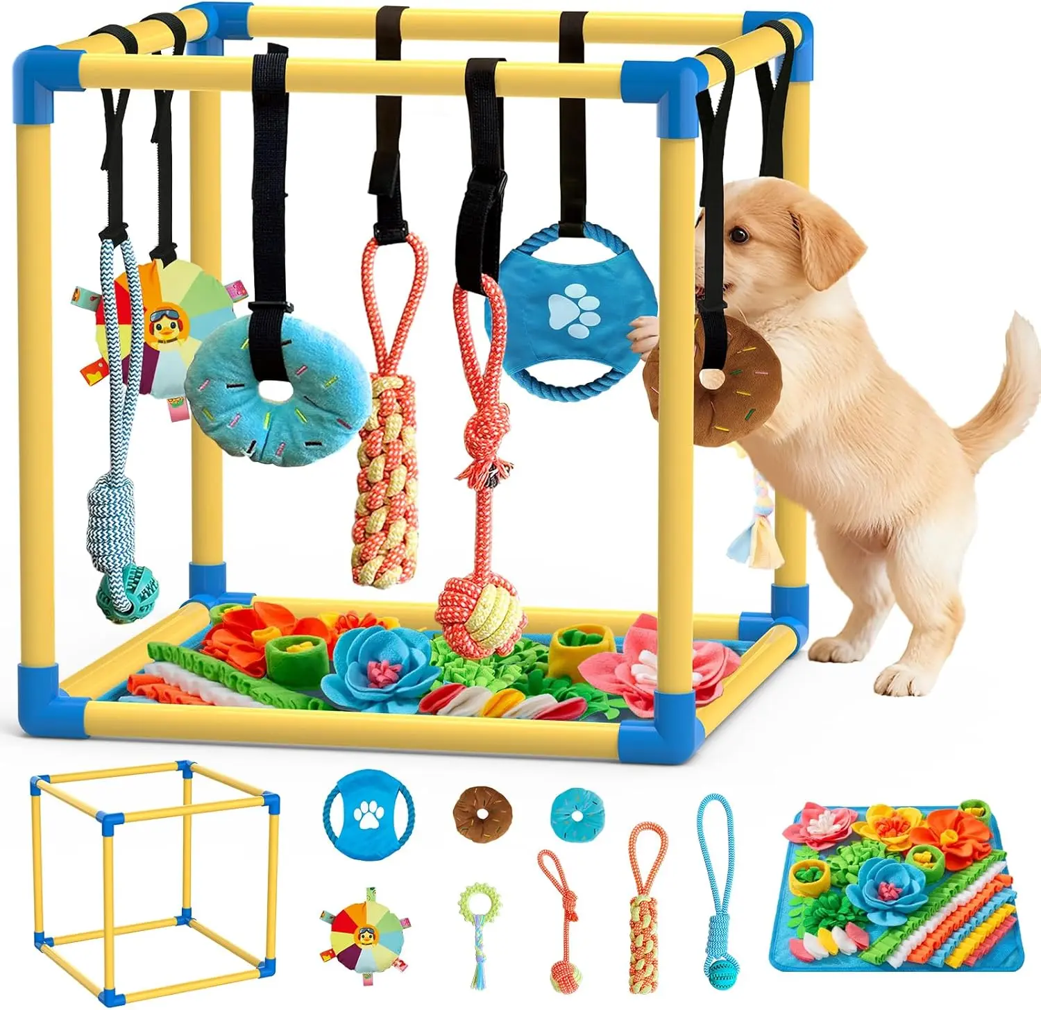 Indoor Puppy Play Gym with 8 Hanging Toys, PVC Frame, Stretchy Rope, Velcro Closure, Blue Teething Aid, Boredom Relief for Small Breeds summerwins