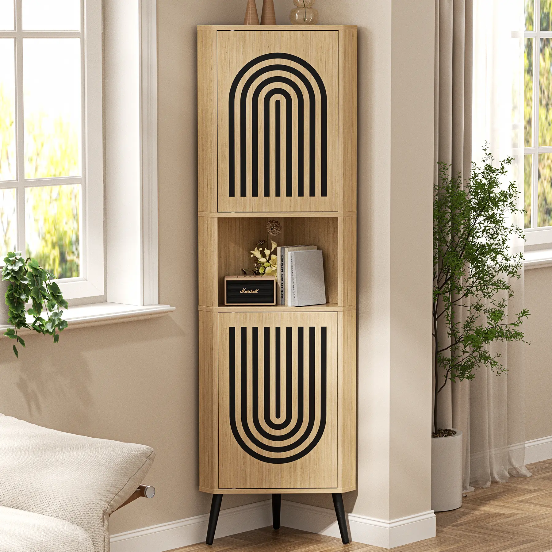 Oakault Tall Corner Cabinet, 65'' Corner Storage Cabinet with 2 Hollow Door | Bhoho Corner Shelf with 2 Doors, 6 Tiers Shelves, Space-saver, Living Room, Kitchen, Bathroom, Office, Apartment, Oak sohochic