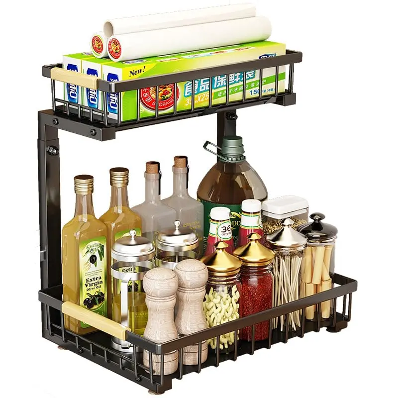 GARVEE 2-Tier Undersink Organizer, with Adjustable Height(16.5-19.2''), Pull Out Cabinet Organizers- 4 Non-Slip Suction Cups, Carbon Steel Spice Rack for Kitchen, Black