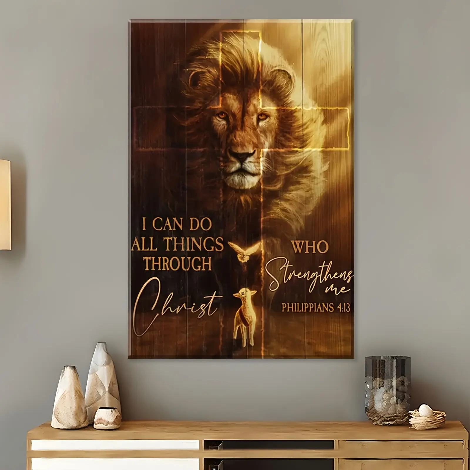 1pc Wooden Framed Canvas Print - Majestic Animal Lion & Lamb with Inspirational Philippians 4:13 Quote, Waterproof Modern Vertical Rectangle Wall Decor, Ready to Hang for Universal Home, Office, Garage & Balcony Wardrobe Accent, Animals