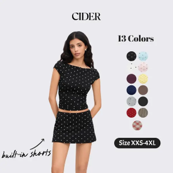 Cider Polka Dot Boat Neck Ruched Tee & Mini Skort Set – Women's Retro Casual Daily Co-ord, Cotton Blend Slim Fit Two-Piece Outfit with Built-in Shorts