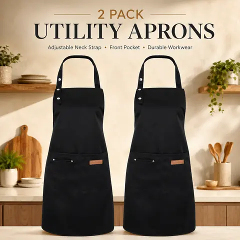 Set of 2 Black Aprons - Adjustable & Pocketed for Cooking, Grilling, Baking and Arts Kitchen Cooking Aprons Bbq Apron