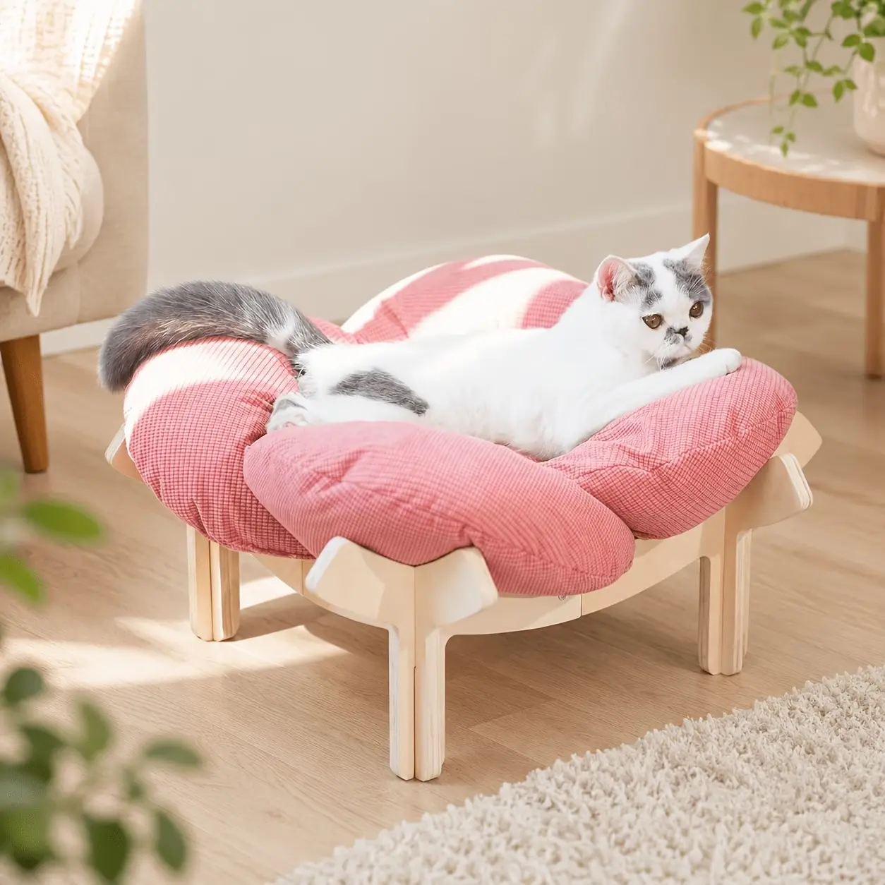 Elevated Cat Bed - Aesthetic Flower Petal Pet Sofa with Premium Cushion, Wooden Dog Lounge Chair for Cats & Puppies, Sturdy Support, Skin-Friendly Washable Pet Furniture, Sage Green, Navy, Pink,, Grey