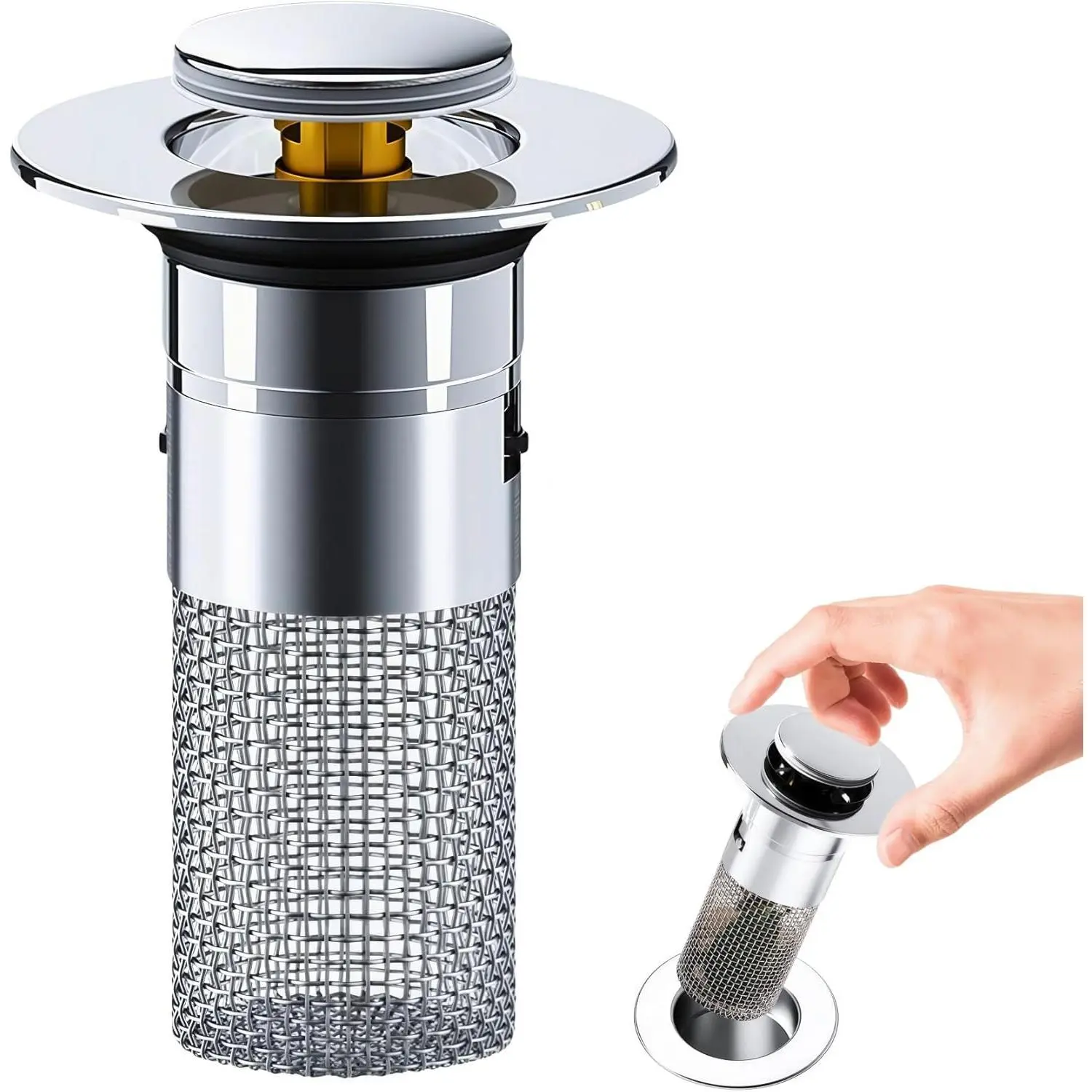 Stainless Steel Bathroom Sink Drain Strainer - Adjustable ABS Mesh Pop-Up Stopper with Hair Catcher Basket, Durable Bathroom Necessities with 1-Click Operation for Floor Drains to Prevent Pipeline Blockages, One Click Operation