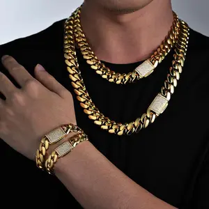 【ZIMO】Men's 18K Gold-Plated Stainless Steel Cuban Chain Necklace with Micro-Inlaid Zircon Stone Clasp 12mm Width 16-30 inches Length Versatile & Stylish