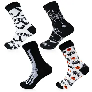 【Halloween Socks】 Halloween Themed Streetwear, 4 Pairs Bats Pumpkins Ghosts Print, Funky Colorful Crew Socks Cotton Patterned Socks,Gifts for Women, Men