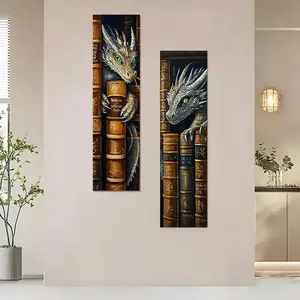 Mystical Dragon Bookshelf Pattern Wall Tapestry, 2 Counts/set Fantasy Wall Art Tapestry, Aesthetic Art Vertical Tapestry Wall Hanging for Home Dorm Decor