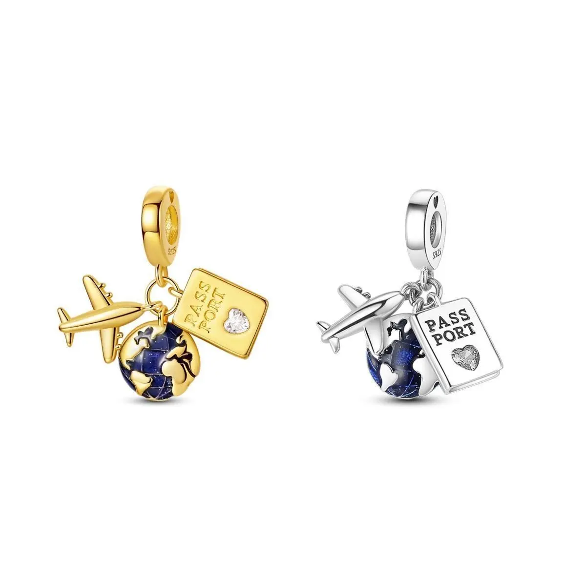 MULA Travel Globe Airplane Passport Charm Pendant - 925 Classic Silver-Plated Luxurious Gold Enamel CZ Pendant, Casual Wanderlust Beads, Pandora Bracelet Compatible, Girl's Anniversary/Bon Voyage Gift, Gold Aesthetic, Travelers