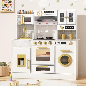 Wooden Play Kitchen for Kids 3-8 with Lights, Sounds, Stove, Oven, Ice Maker, Coffee Maker & 28 Pcs Toy Food Accessories for Boys and Girls Birthday Gift Christmas Gift