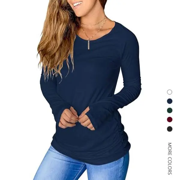 Women's Long-Sleeve Tshirt - Danedvi Basic Solid Streetwear Medium-Length Round Neck Thumb Hole Ruched Top, Breathable Spandex-Polyester Fabric, Casual Fit Minimalist Everyday Wear, Sleeve Shirt, Comfortable, Longsleeves
