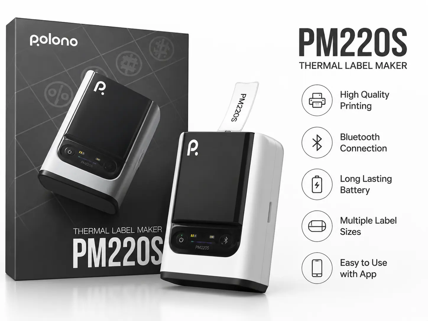 Polono PM220S Bluetooth Thermal Label Maker – Wireless Shipping & Barcode Printer for Small Businesses