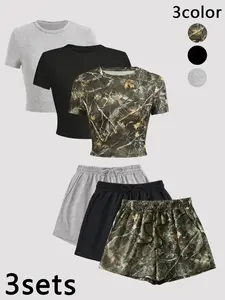 Two-Piece Set Women's Solid Crop Top & Shorts Set, Casual Breathable Comfortable Two-piece for Yoga Gym Workout Running, Sportswear for Gym, Ladies Summer Clothes