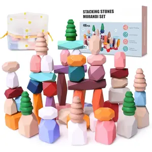 X-ITC86 48 PCS Wooden Stacking Rocks Stones Building Blocks, Montessori Toys for 3+ Year Old Preschool Learning Activities Balancing Stacking Game, Birthday Gifts for 3 4 5 6 Year Old Girls Boys Kids