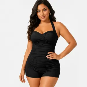 BeachRipple Swim 2026 New Women’s Black Swim Romper One Piece Bathing Suit with Halter Neck, Tummy Control Ruching, Built-In Cups, Boyshort Coverage, Soft Stretch Beach Vacation Swimwear
