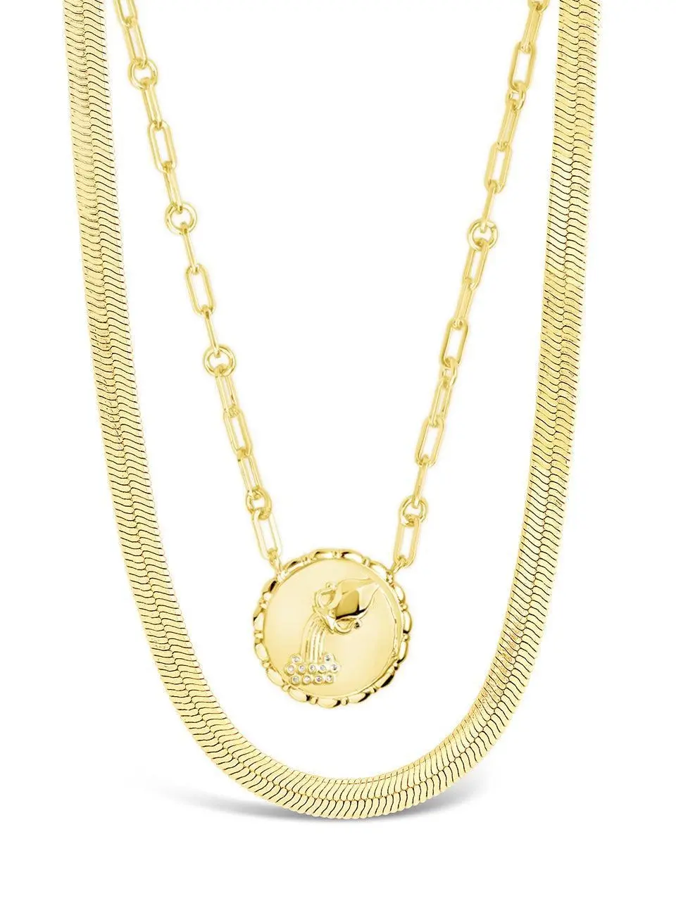 Gold Plated Layered Necklace Set for Women, 2-Piece with a Cubic Zirconia Zodiac Pendant and Flat Herringbone Chain, Gold Necklace, Female, Sterling Forever, Adults, Two-Pieces
