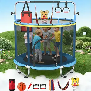 6-in-1 Kids Trampoline with Safety Enclosure Net, 60'' Indoor Outdoor Toddler Trampoline with Swing, Basketball Hoop, Punching Bag, Gymnastic Rings & Inflatable Pump, Perfect Birthday Gift for Boys Girls Age 3-15