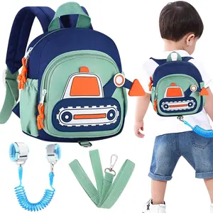 F-CPB08 Toddler Leash Backpack, Cute Excavator Child Bag Harness with Anti Lost Wrist Link, Kid Walking Back Pack Mini Rucksack with Restraints Hand Strap Tether for Baby Boys Outdoor Traveling