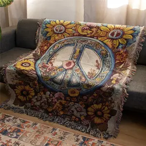 Love And Peace Pattern Bohemian Yarn Jacquard Woven Blanket with Tassel, Thick Soft Washable Blanket, Used for Home Decor Sofa Chair Bed Tapestry Tablecloth Floor Garden Picnic Outdoor Camping, Decorative Giftable Blankets