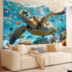 1pc Glam Style Underwater Scene Wall Tapestry, Turtle and Colorful Fish Vivid Coral Reef Pattern, Polyester Home Decor for Living Room Bedroom Office, No Electricity Needed, General Fit Occasion