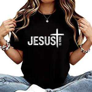 Christian Cross God Loves You Religious Jesus is King T-Shirt Women's Graphic Tees Loose Top 100% Cotton Round Neck Short Sleeves Super Soft Stylish Summer Streetwear Black Crewneck