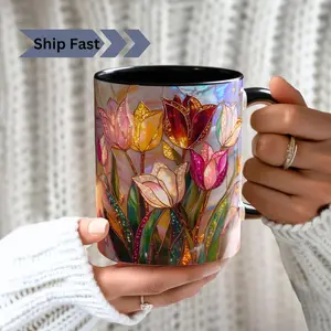 Stained Glass Print Tulip Mug Floral Art Coffee Cup, Botanical Lover Gift